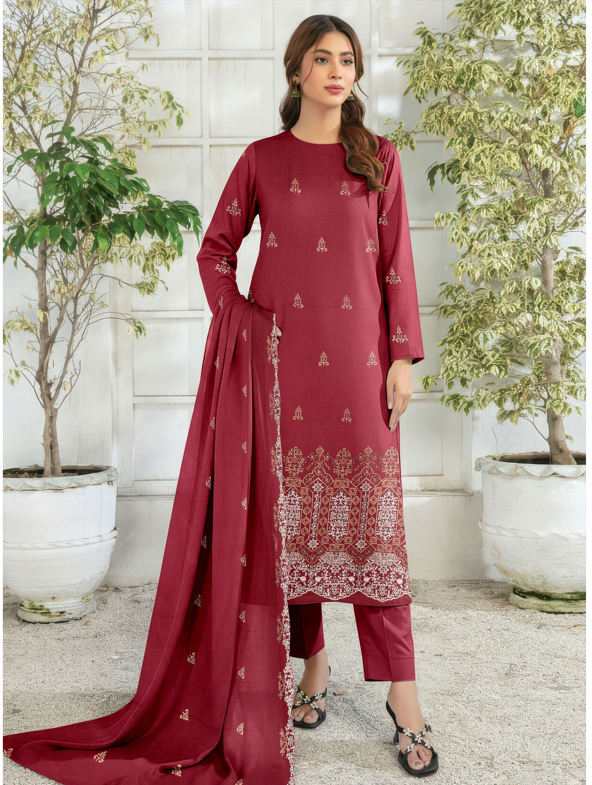 Elegant by Naubahar | Women's Embroidered Lawn 3-Piece Suit | Dyed Lawn Shirt, Crinkle Chiffon Dupatta & Cambric Trouser