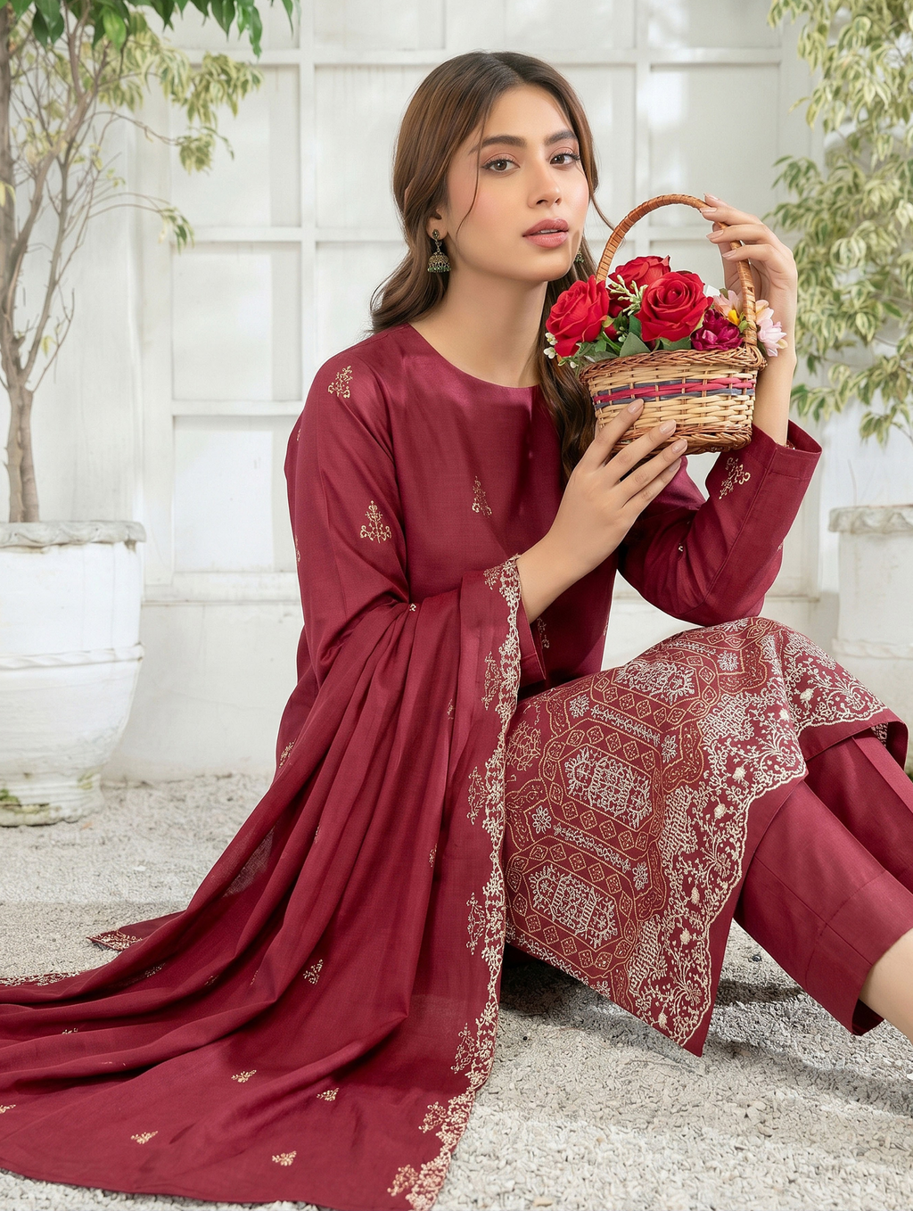 Elegant by Naubahar | Women's Embroidered Lawn 3-Piece Suit | Dyed Lawn Shirt, Crinkle Chiffon Dupatta & Cambric Trouser