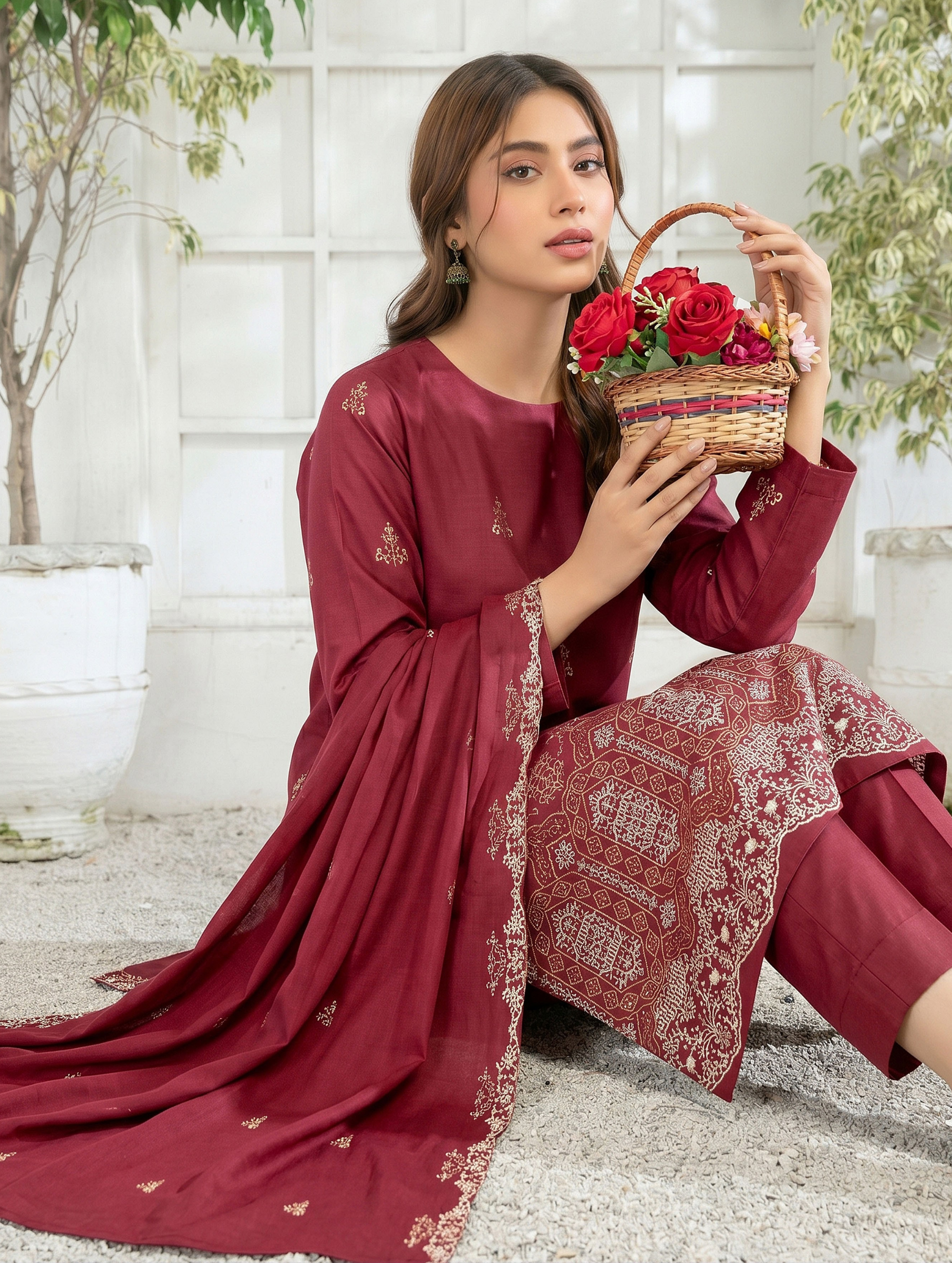 Elegant by Naubahar | Women's Embroidered Lawn 3-Piece Suit | Dyed Lawn Shirt, Crinkle Chiffon Dupatta & Cambric Trouser