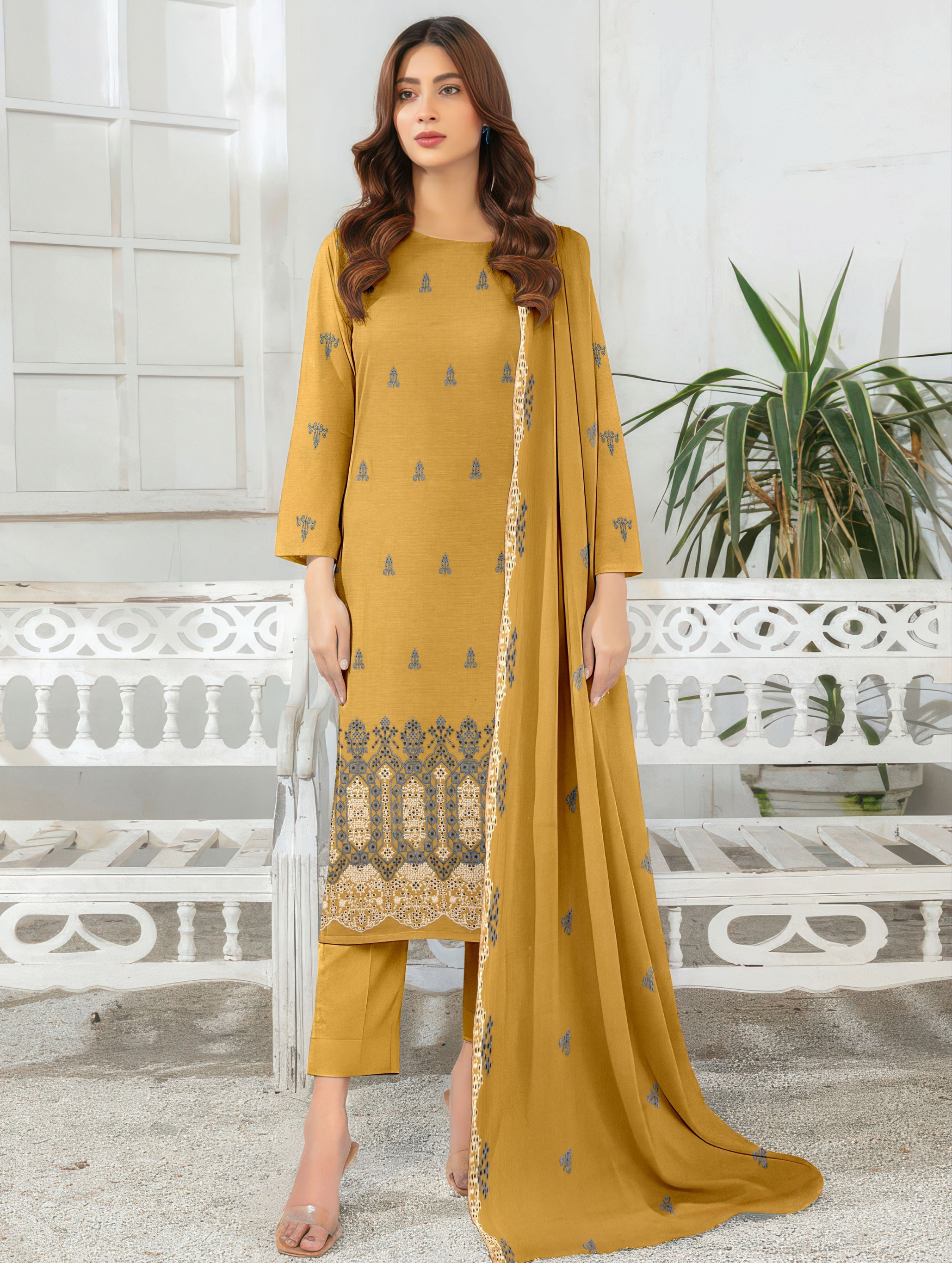 Elegant by Naubahar | Women's Embroidered Lawn 3-Piece Suit | Dyed Lawn Shirt, Crinkle Chiffon Dupatta & Cambric Trouser