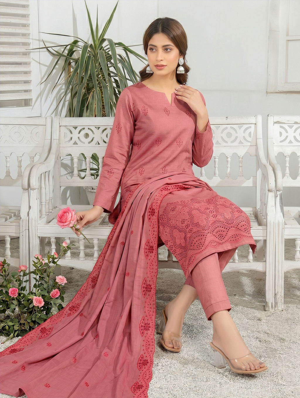 Elegant by Naubahar | Women's Embroidered Lawn 3-Piece Suit | Dyed Lawn Shirt, Crinkle Chiffon Dupatta & Cambric Trouser