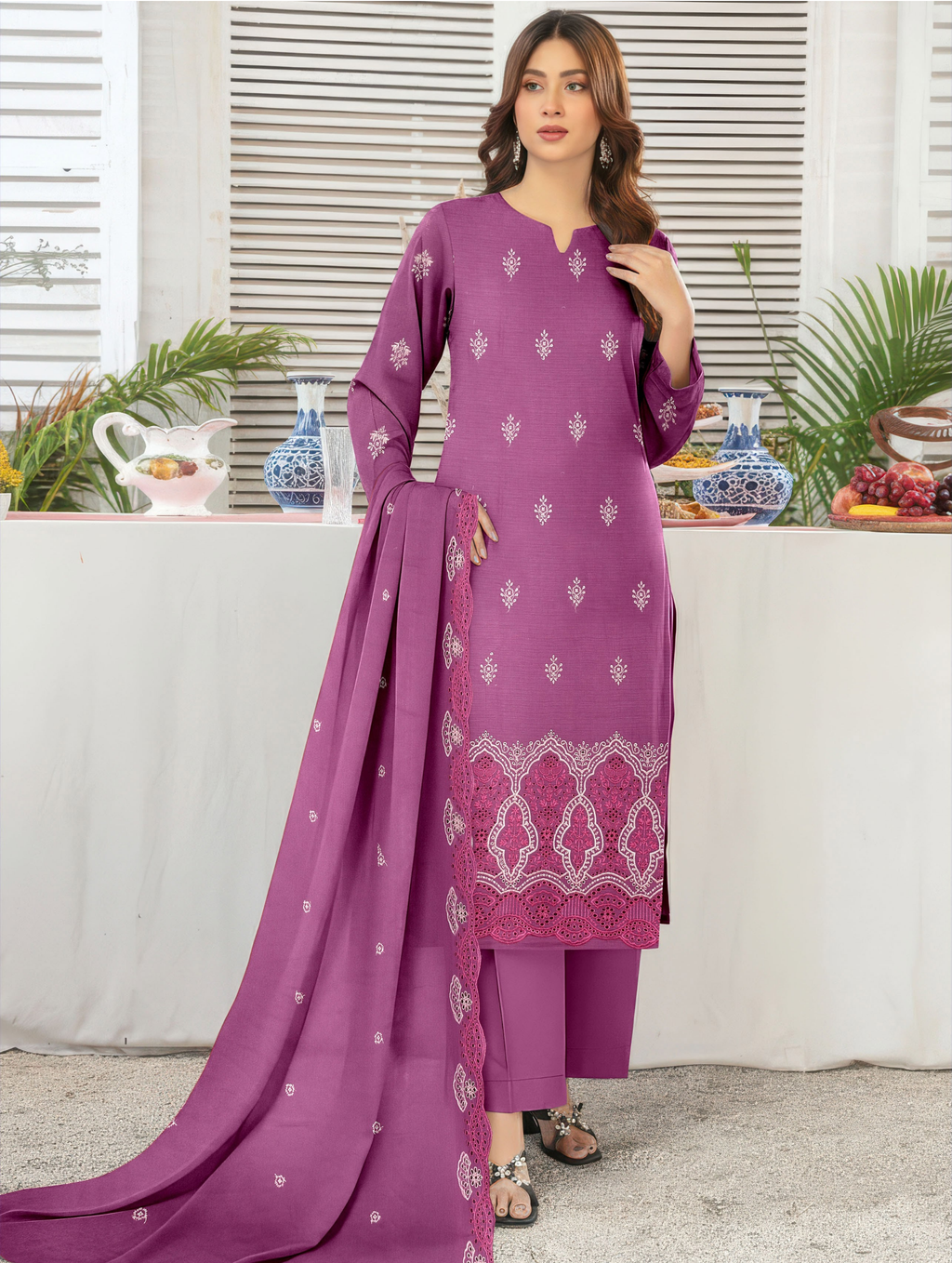 Elegant by Naubahar | Women's Embroidered Lawn 3-Piece Suit | Dyed Lawn Shirt, Crinkle Chiffon Dupatta & Cambric Trouser