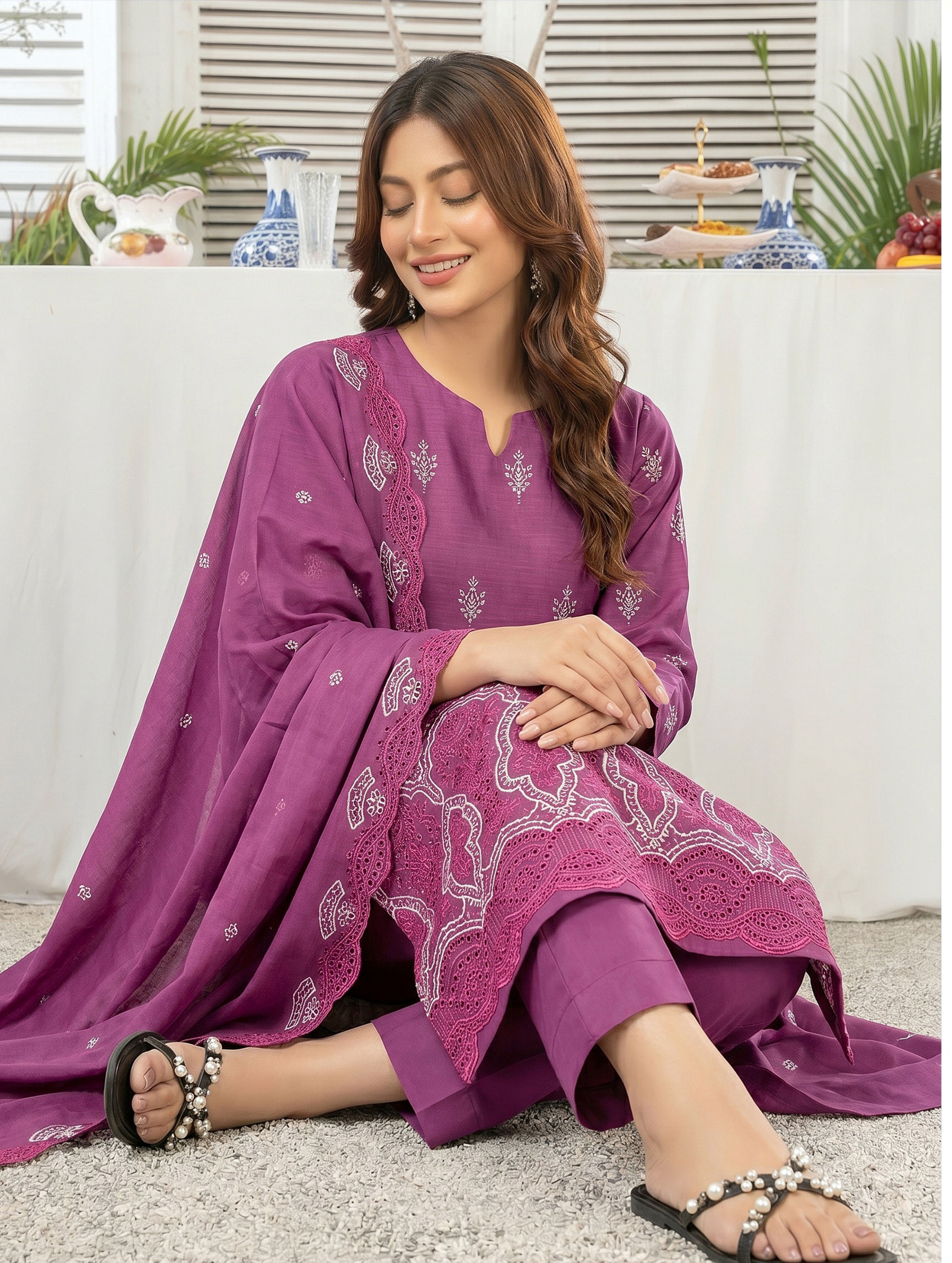 Elegant by Naubahar | Women's Embroidered Lawn 3-Piece Suit | Dyed Lawn Shirt, Crinkle Chiffon Dupatta & Cambric Trouser