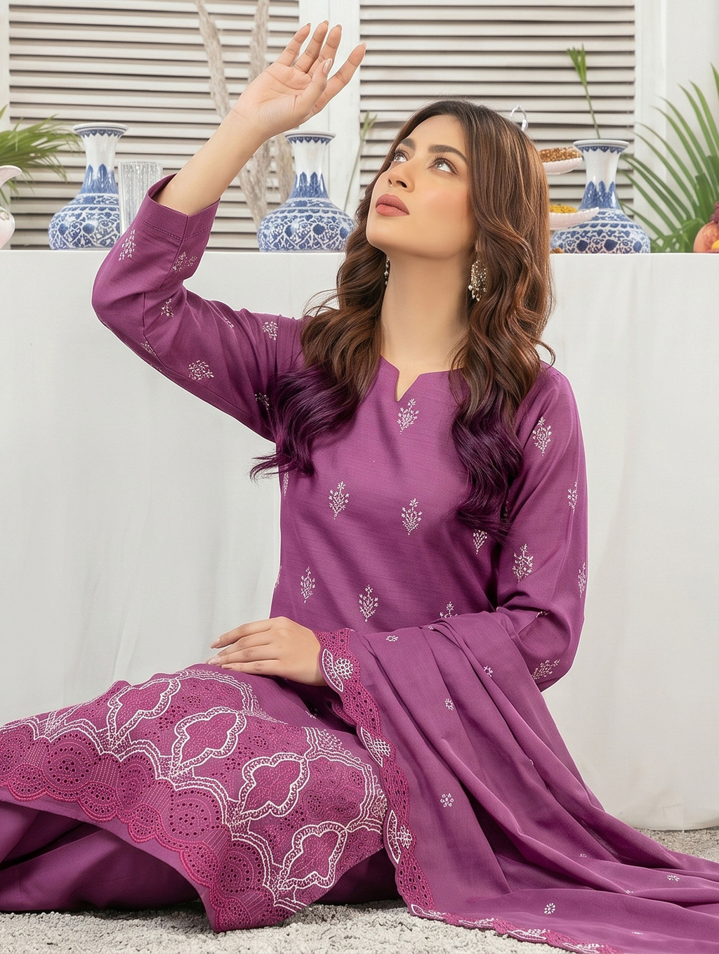 Elegant by Naubahar | Women's Embroidered Lawn 3-Piece Suit | Dyed Lawn Shirt, Crinkle Chiffon Dupatta & Cambric Trouser